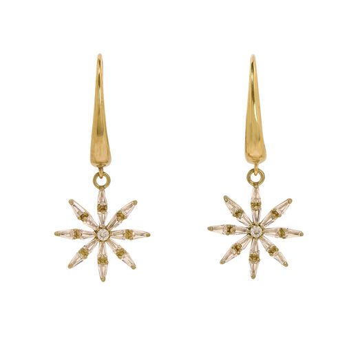 Two gold plated earrings featuring crystal star shaped pendants.