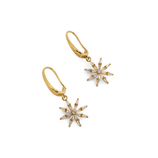 A pair of gold plated earrings, each featuring a star shaped pendant with crystals.