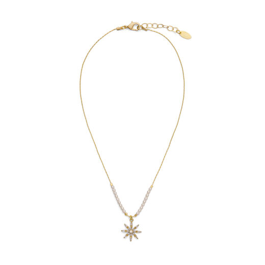 A gold chain necklace with a star shaped pendant.