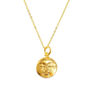 A gold chain necklace featuring a pendant in the shape of a serene moon face.