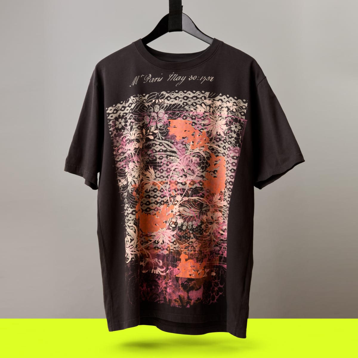 A black t-shirt with layered screenprint pattern